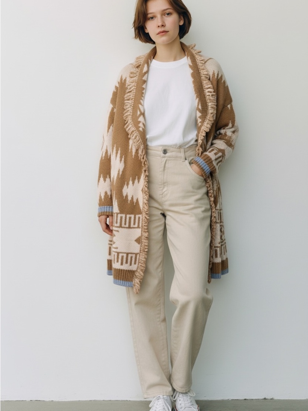 Cocogio Made in Italy Long Southwest Aztec Knit Fringe Cardigan Sweater Large